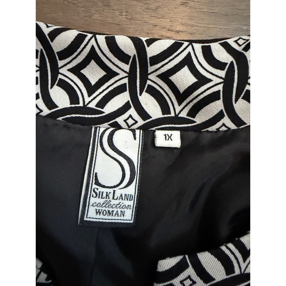 Silk Land Collection Woman Blazer 1X Black White Geometric Open Front 3/4 Sleeve - Picture 2 of 6